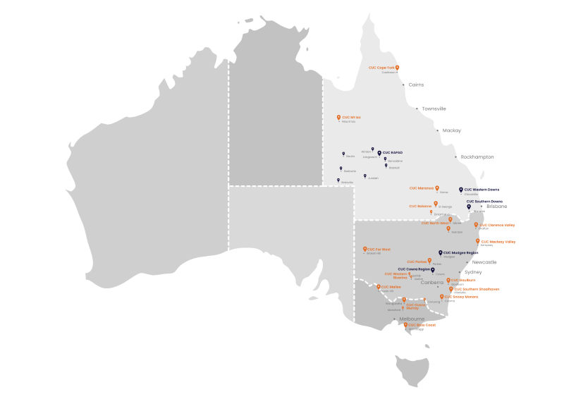 map of Australia highlighting the cuc network of centres